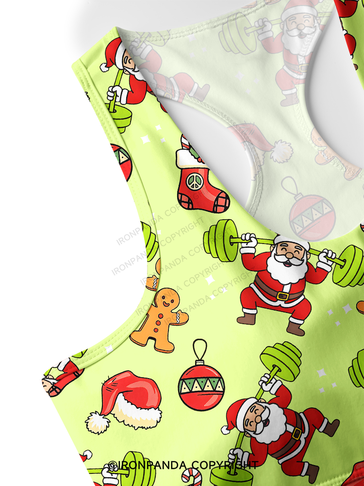 Santa Lifting Weights Skip Legs Racerback Sports Bra