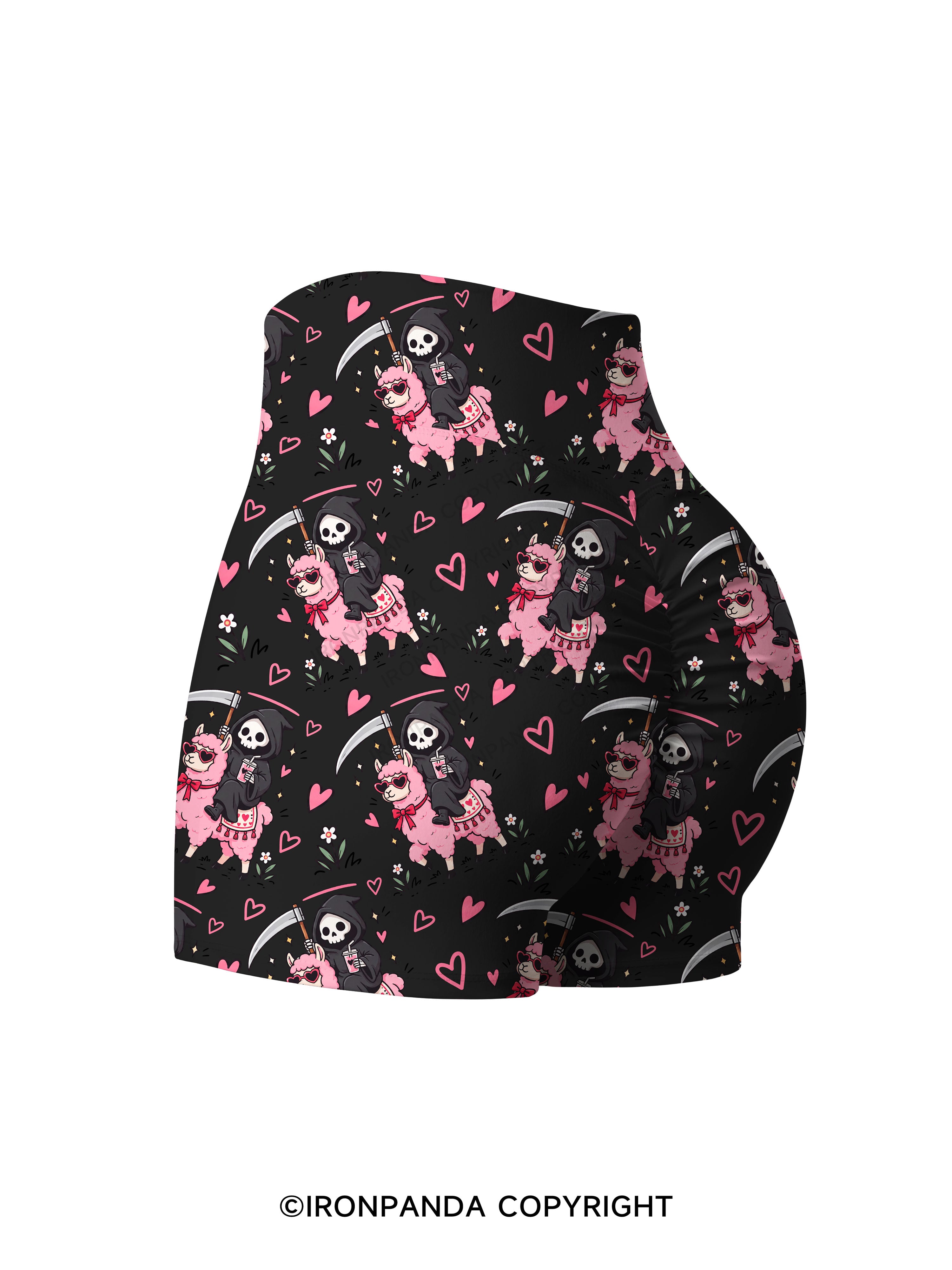 I LITERALLY HATE EVERYONE Grim Reaper Llama Halloween Printed Yoga Shorts