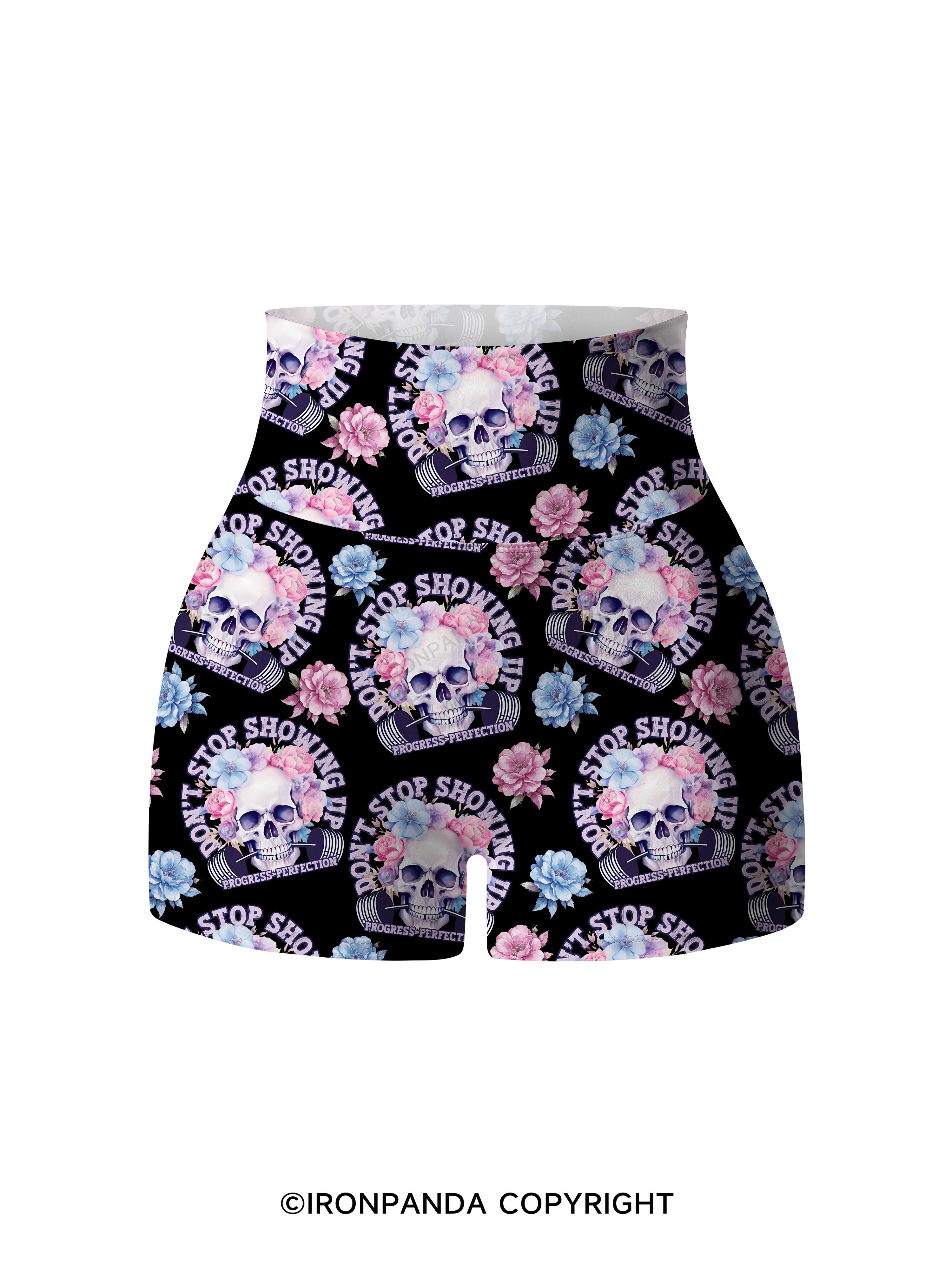 DON’T STOP SHOWING UP PROGRESS-PERFECTION Printed Yoga Shorts