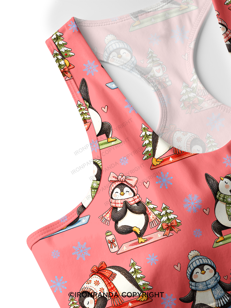 Cute Christmas Yoga Penguin Racerback Sports Bra