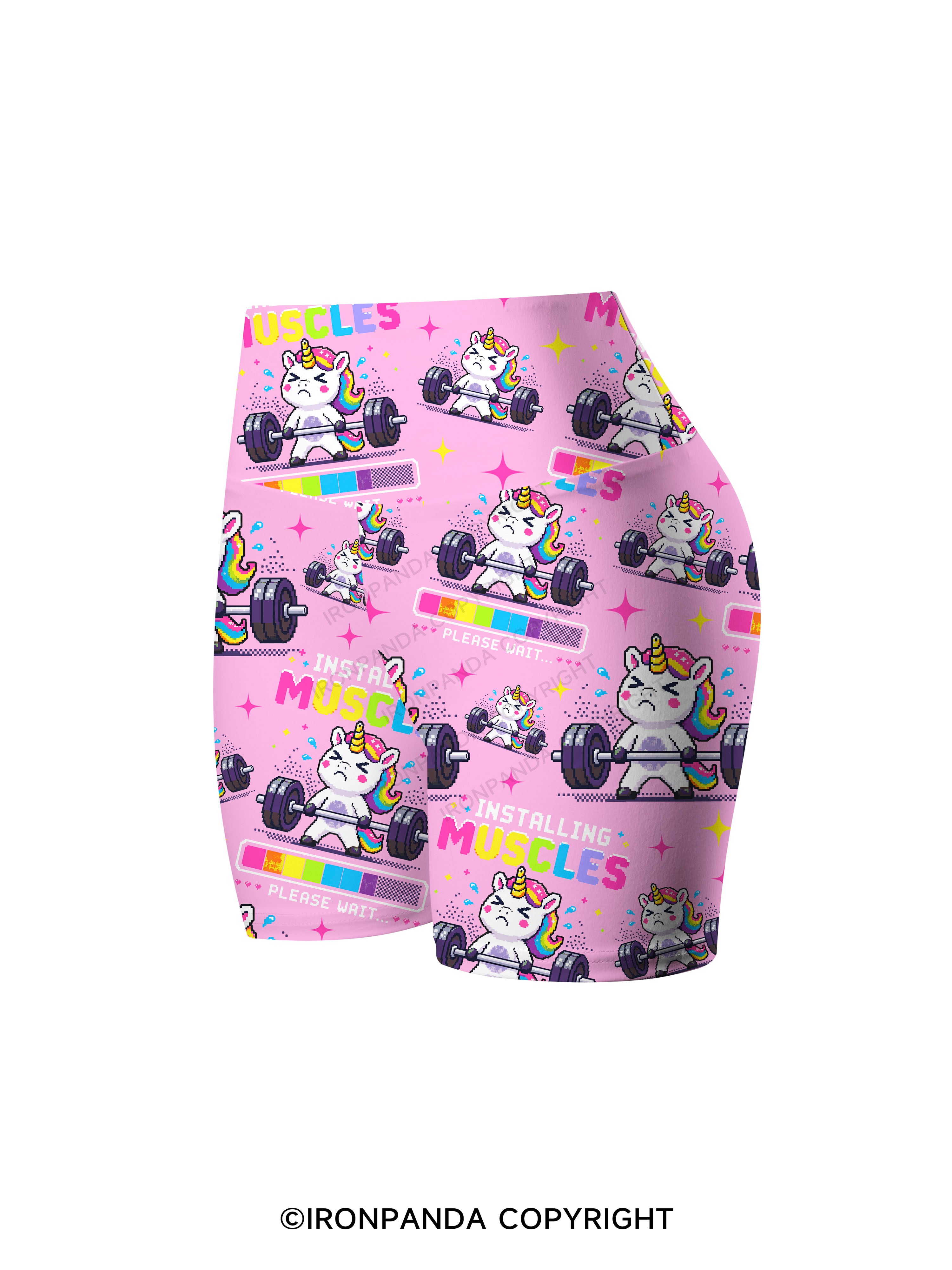 INSTALLING MUSCLES PLEASE WAIT MUSCLE UNICORN Printed Yoga Cycling Shorts