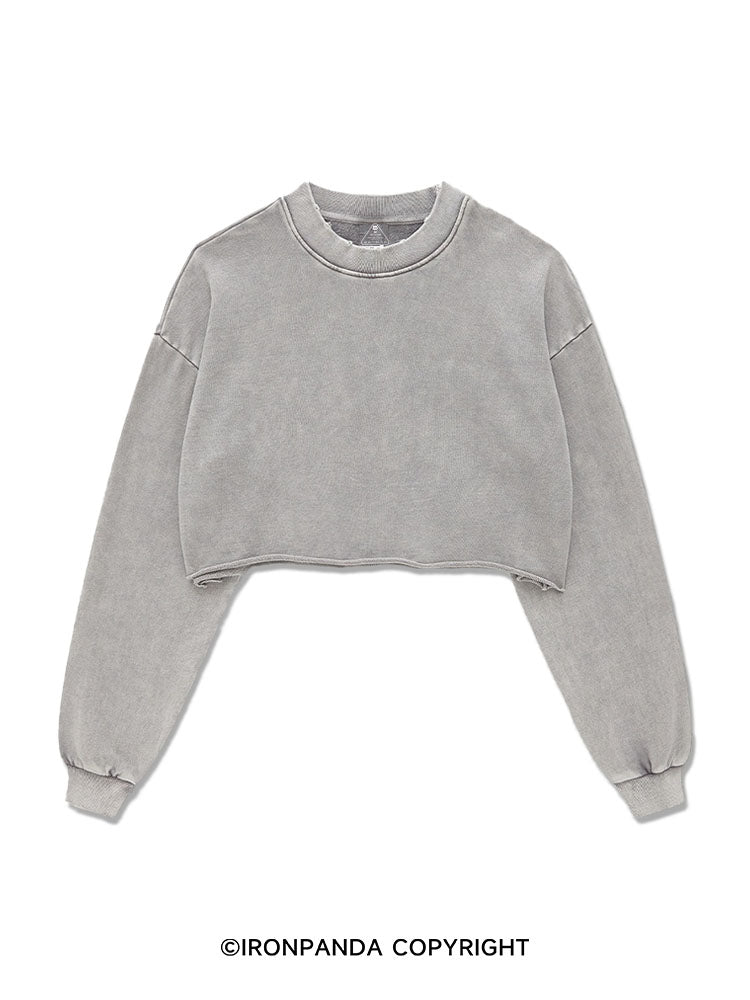 Washed Light Gray Long-Sleeve Crop Top