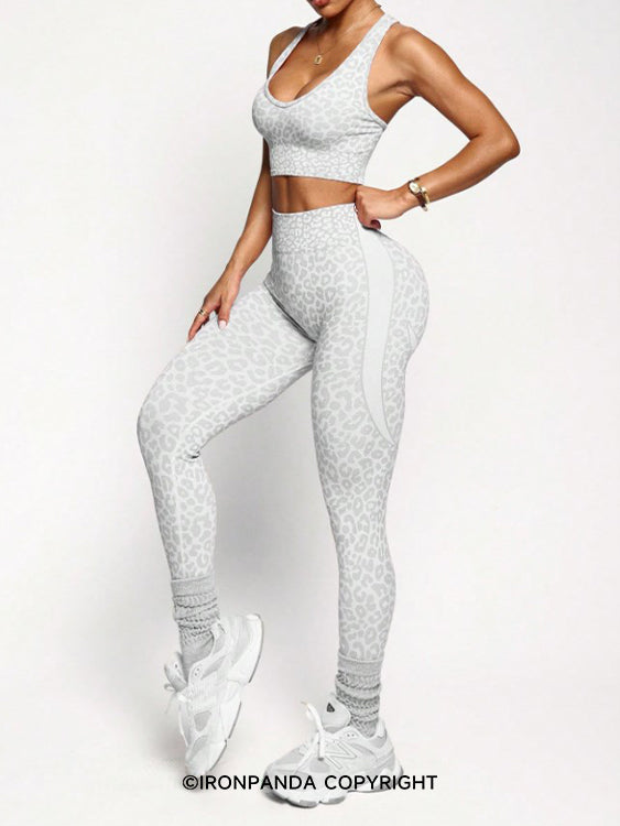 IRONPANDA 1 Set Women Leopard Print V-Neck Camisole And Leggings