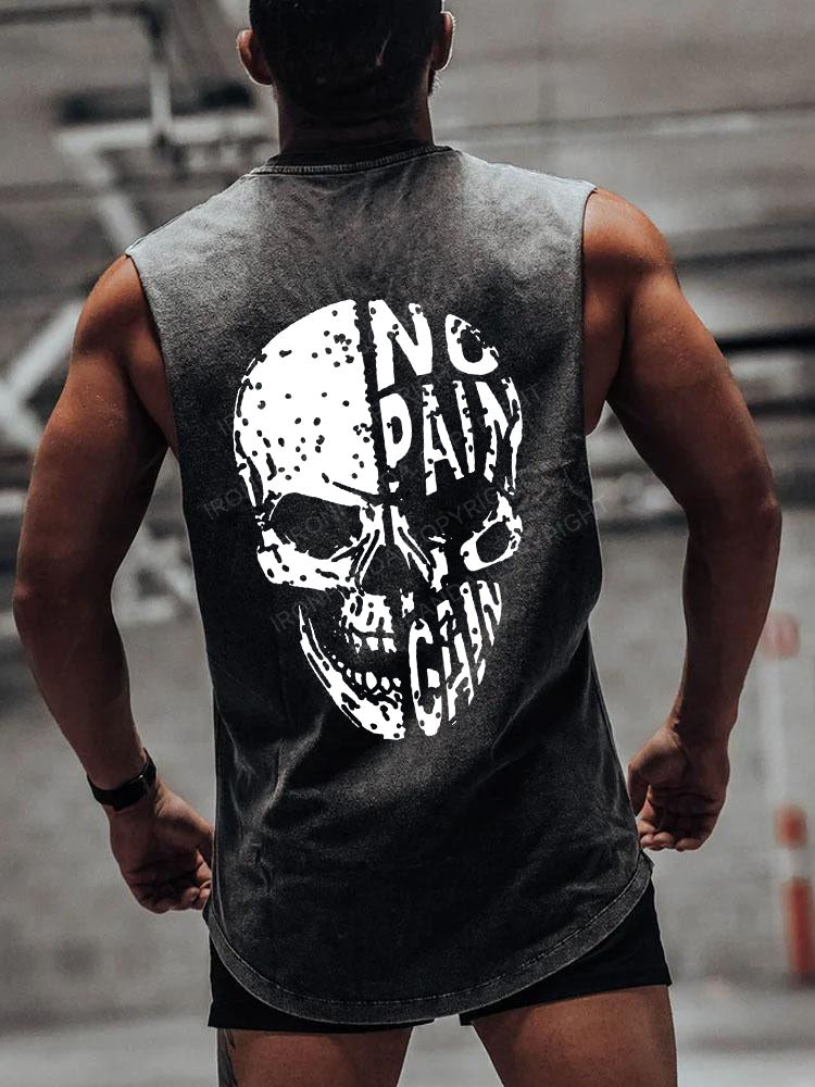 No pain No gain Skull Face Back Printed Scoop Bottom Cotton Tank