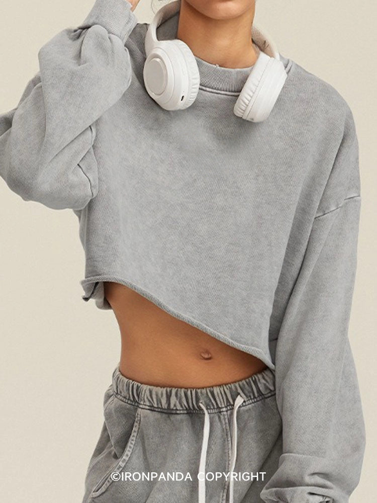 Washed Light Gray Long-Sleeve Crop Top