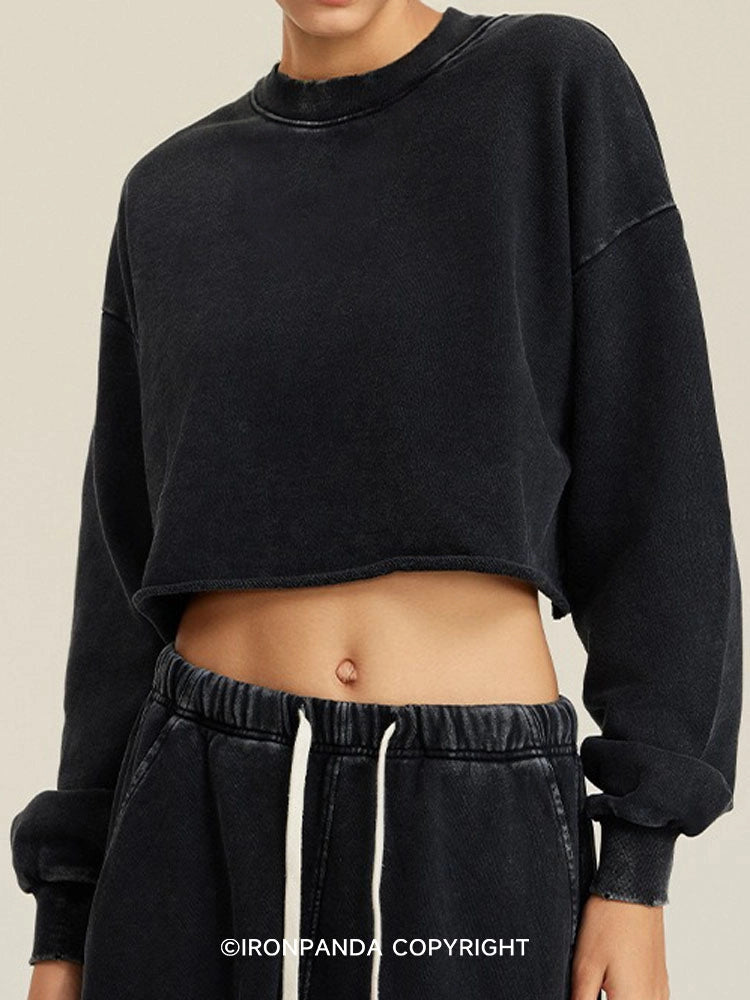 Washed Black Long-Sleeve Crop Top