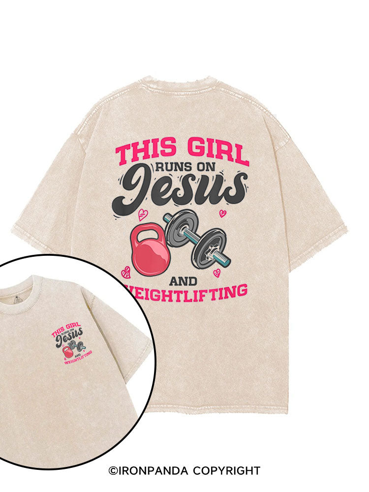 THIS GIRL RUNS ON JESUS AND WEIGHTLIFTING printed Gym Shirt