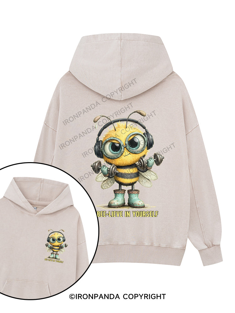 BEE-LIEVE IN YOURSELF Printed Washed Gym Hoodie