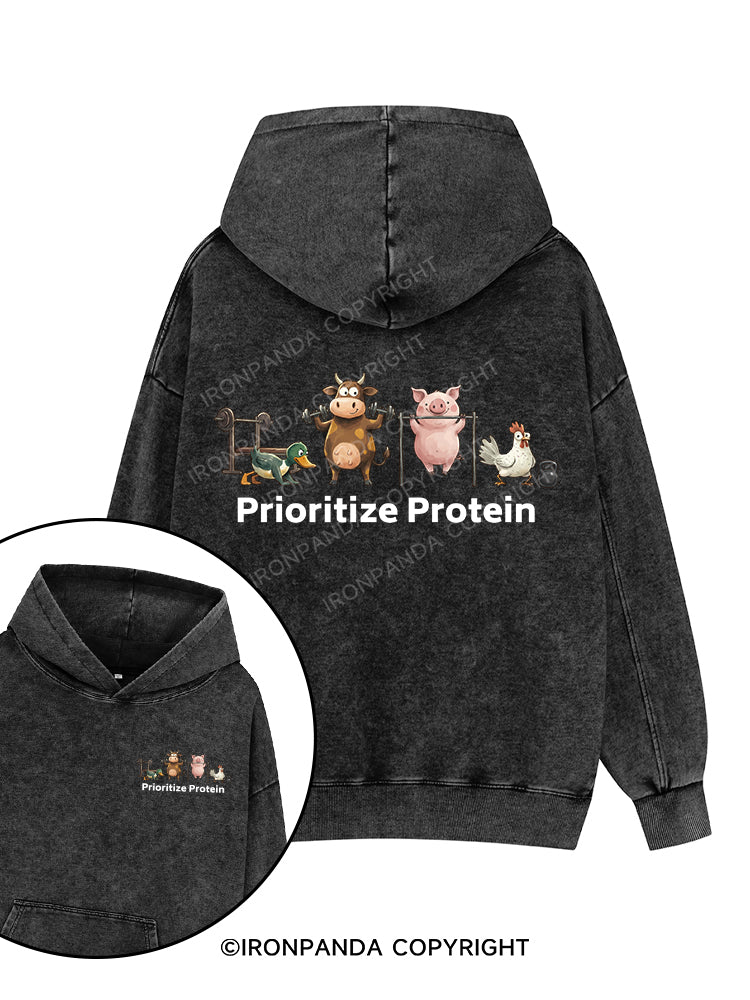 prioritize protein Printed Washed Gym Hoodie