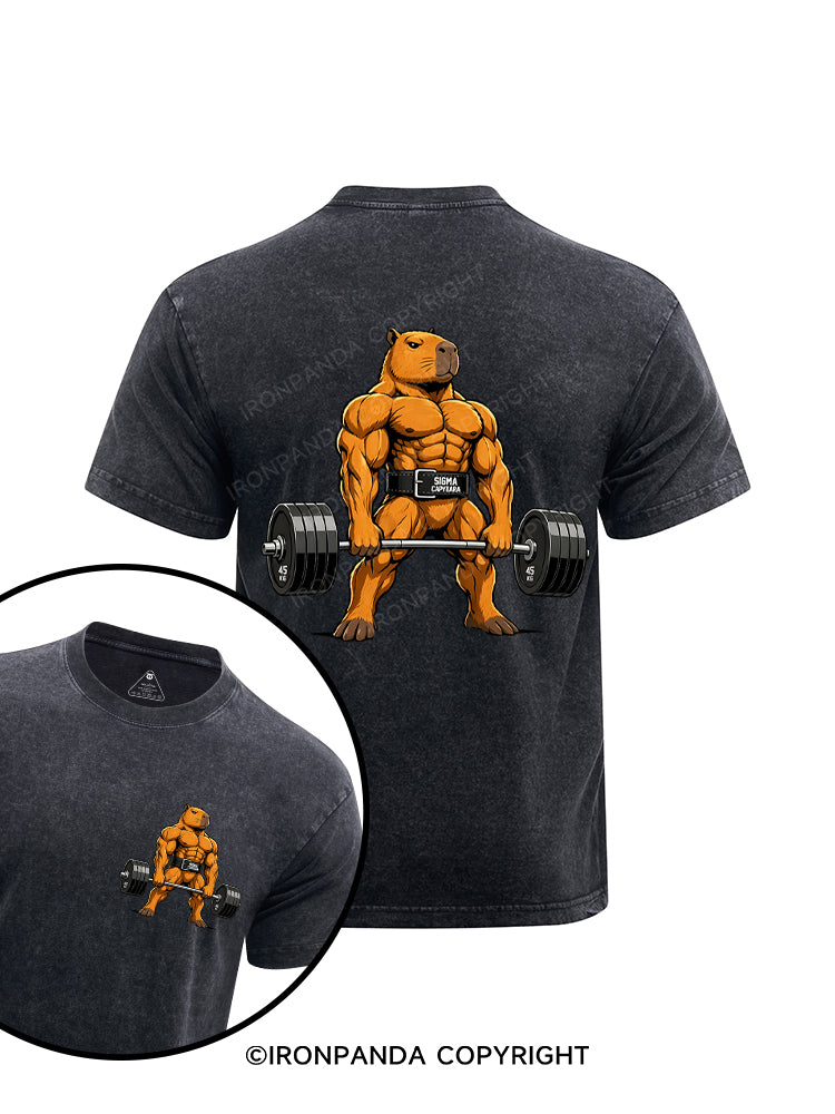 Sigma Muscular Capybara Bodybuilder Printed Washed Gym Shirt