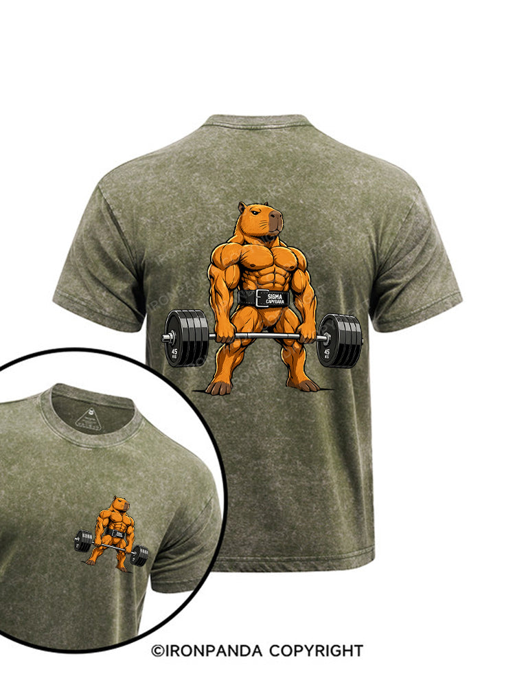 Sigma Muscular Capybara Bodybuilder Printed Washed Gym Shirt
