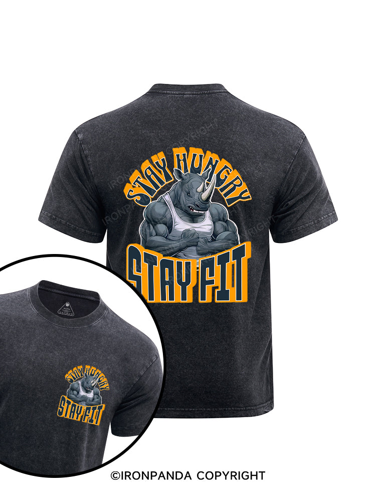 Stay Hungry Stay Fit Gym Motivation Printed Washed Gym Shirt