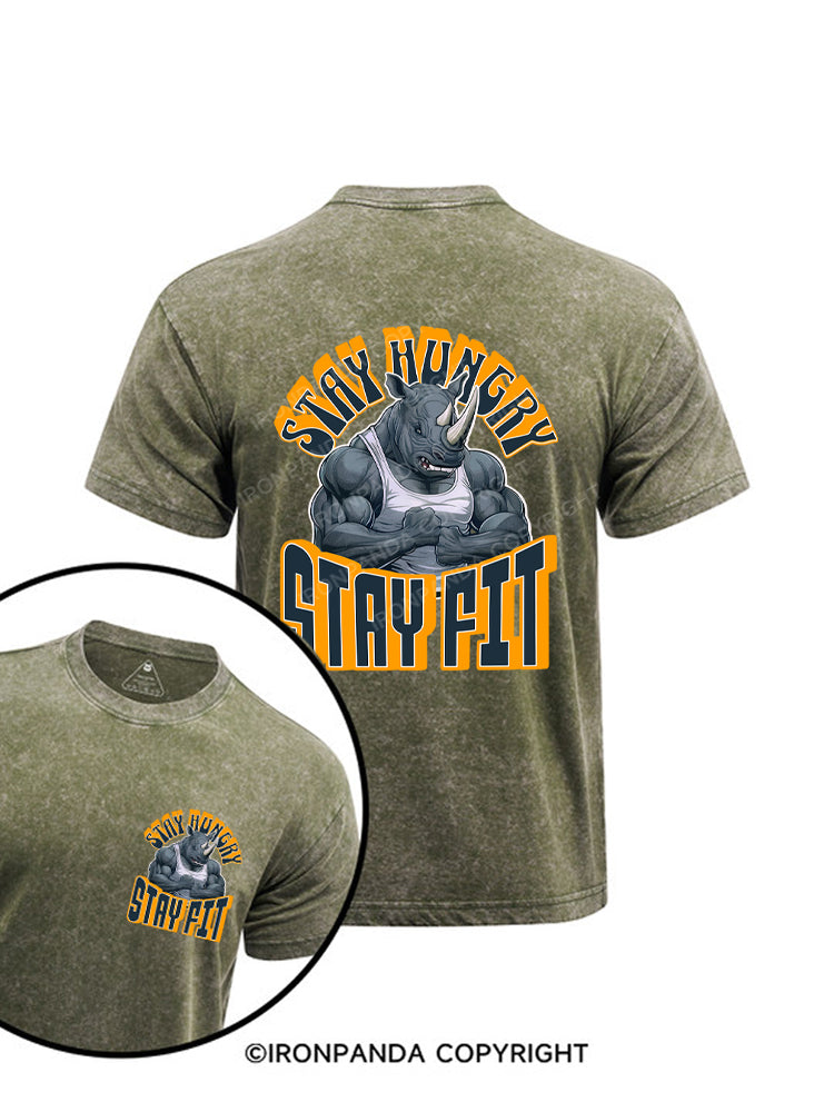 Stay Hungry Stay Fit Gym Motivation Printed Washed Gym Shirt