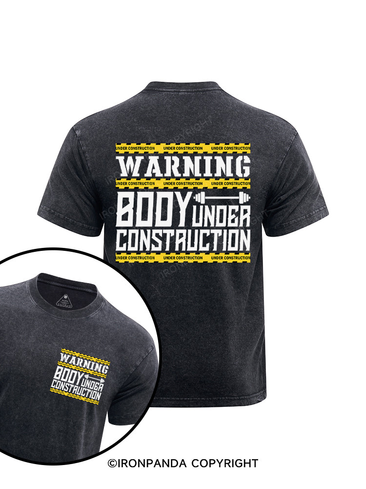 WARNING BODY UNDER CONSTRUCTION Printed Washed Gym Shirt
