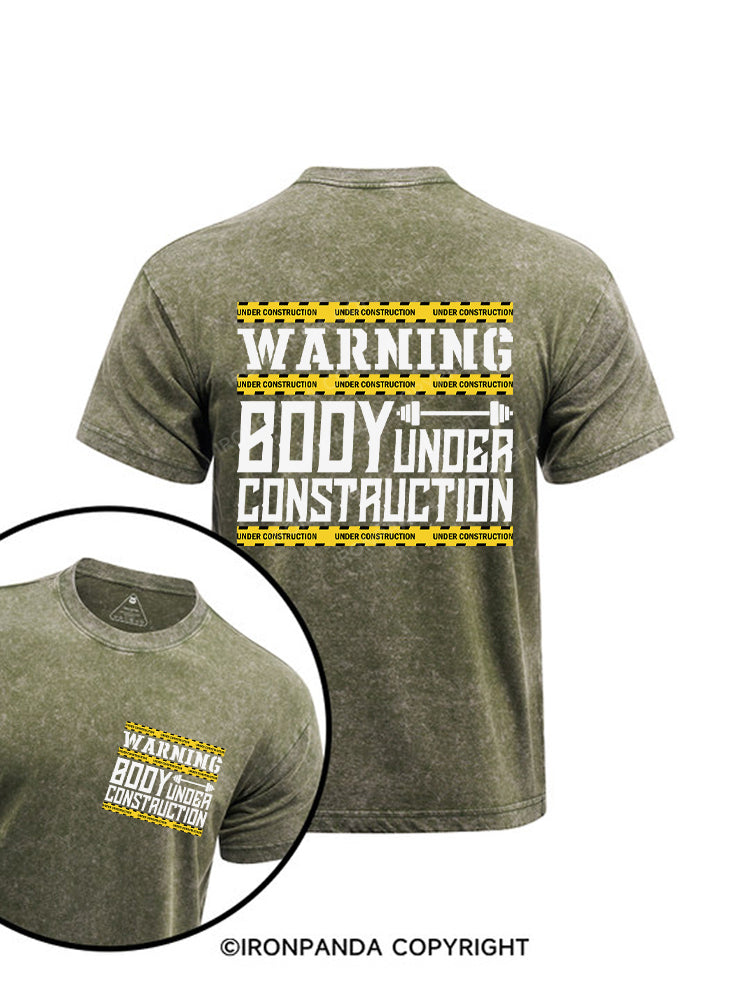 WARNING BODY UNDER CONSTRUCTION Printed Washed Gym Shirt