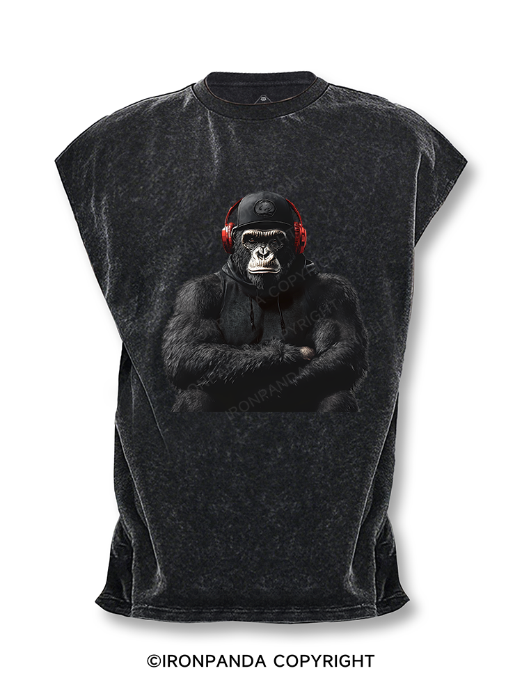 Orangutan with headphones Cut Off Tank
