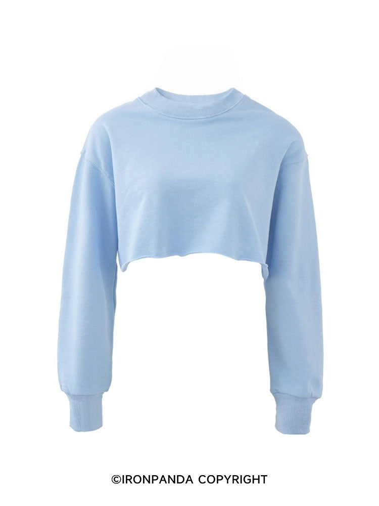 Blue Cotton Long-Sleeve Crop Top