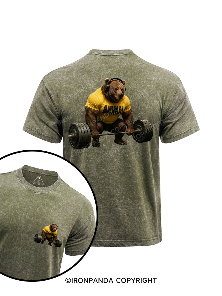 Deadlift Brown Bear printed Washed Gym Shirt