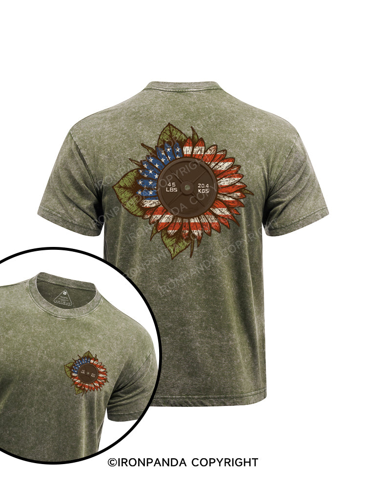 America Sunflower weight plate printed Washed Gym Shirt