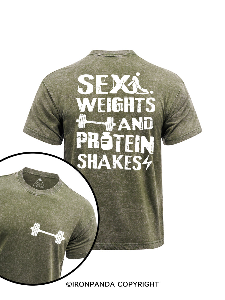 SEX WEIGHTS & PROTEIN SHAKES printed Washed Gym Shirt