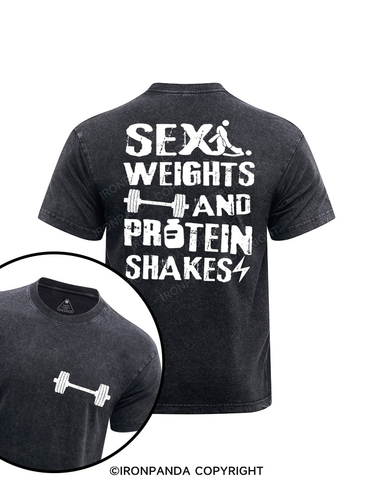 SEX WEIGHTS & PROTEIN SHAKES printed Washed Gym Shirt