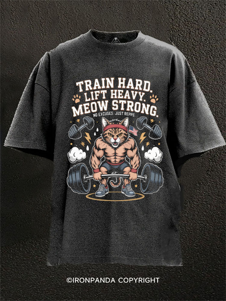 TRAIN HARD LIFT HEAVY MEOW STRONG Washed Gym Shirt