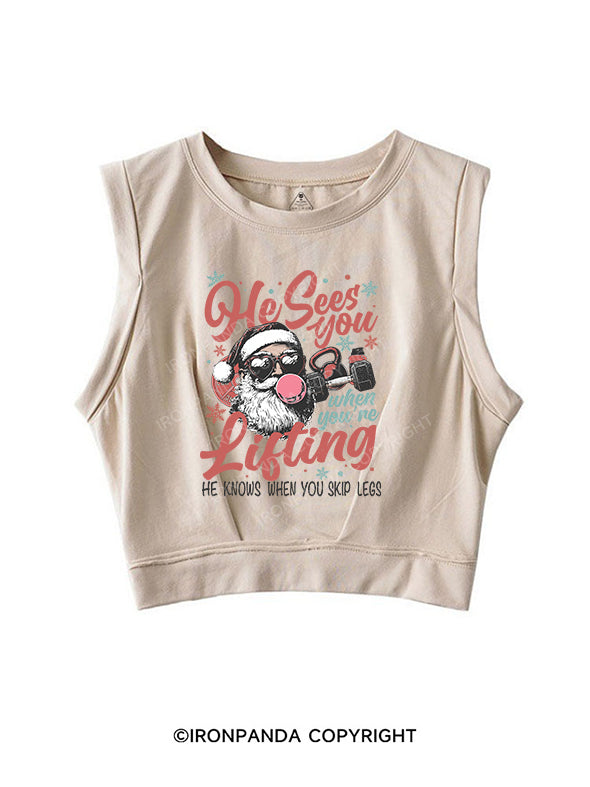 He sees you when you’re lifting SLEEVELESS CROP TOPS