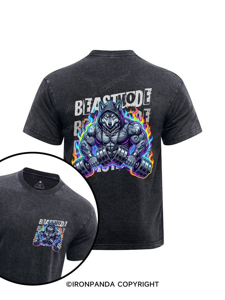 Muscular Wolf Printed Washed Gym Shirt