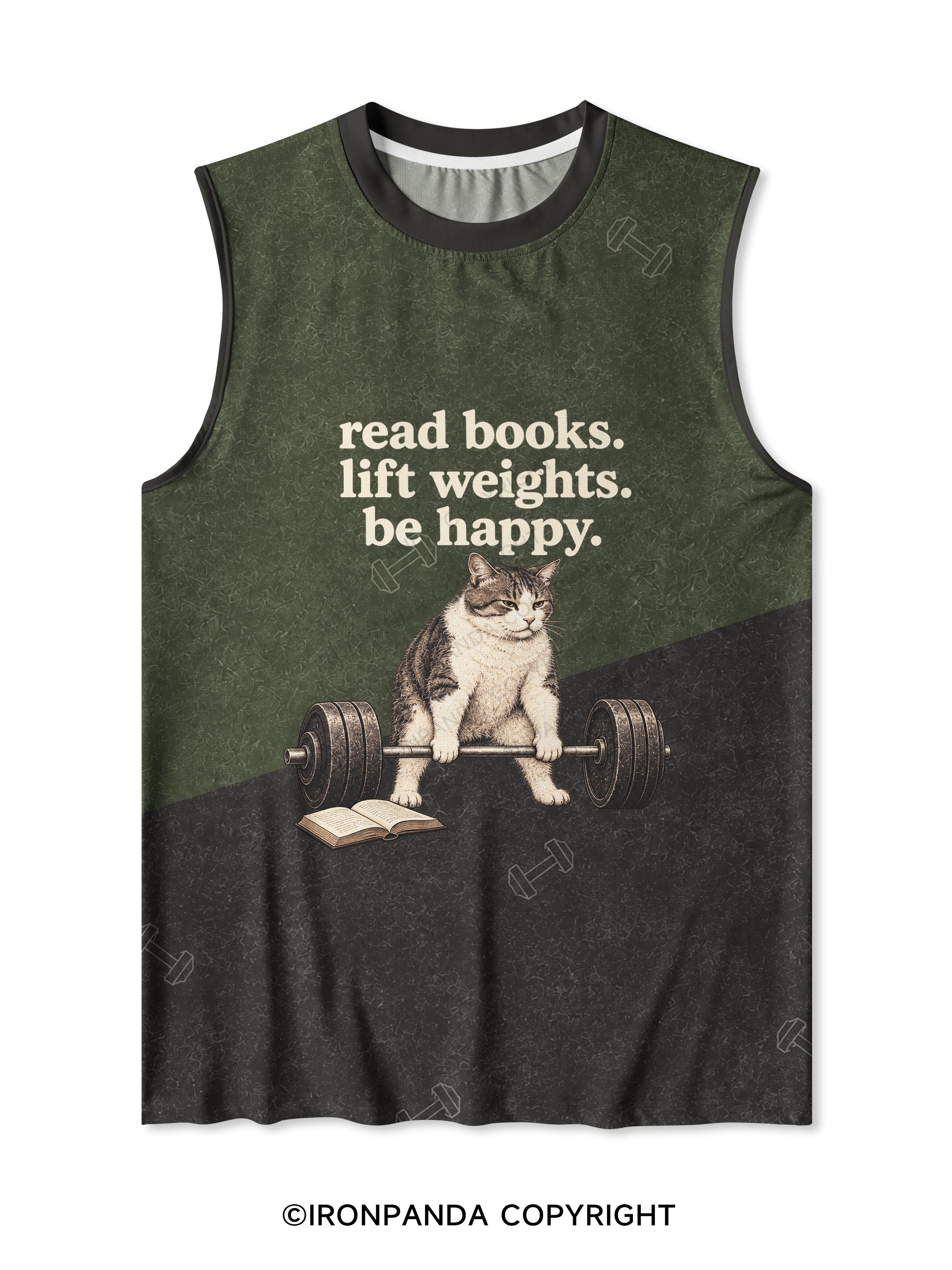 read books lift weights be happy funny cat Quick-Dry Mesh Tank