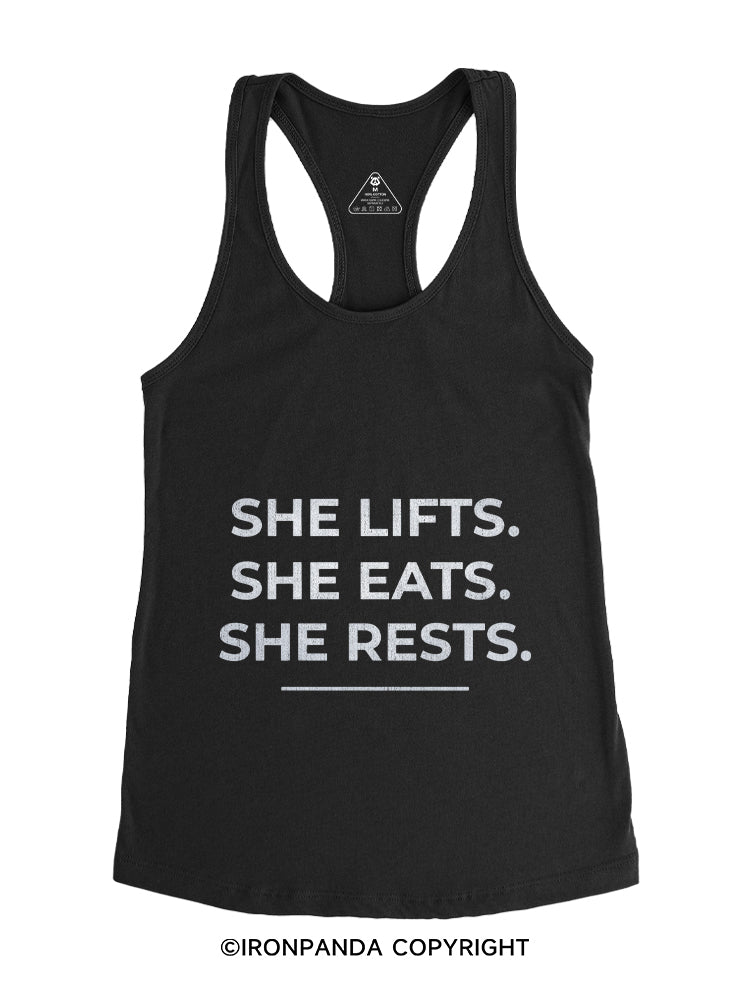 SHE LIFTS SHE EATS SHE RESTS Gym Racerback Tank