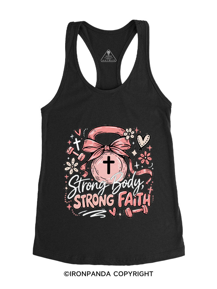 STRONG BODY, STRONG FAITH JESUS Gym Racerback Tank