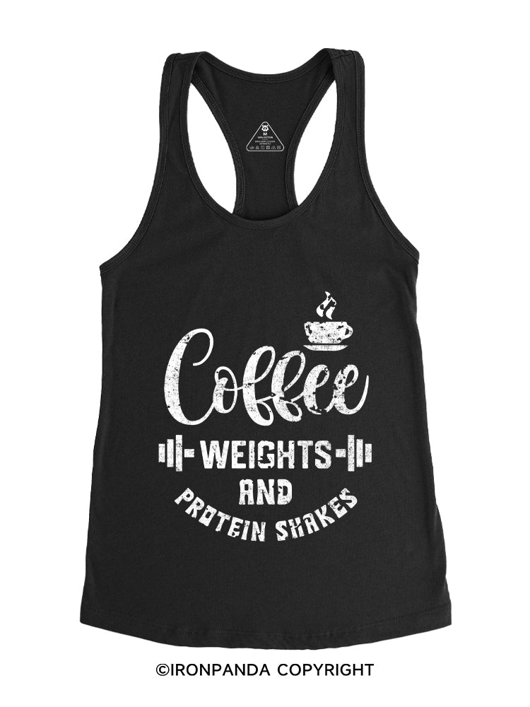 Coffee Weights and Protein Shakes Gym Racerback Tank