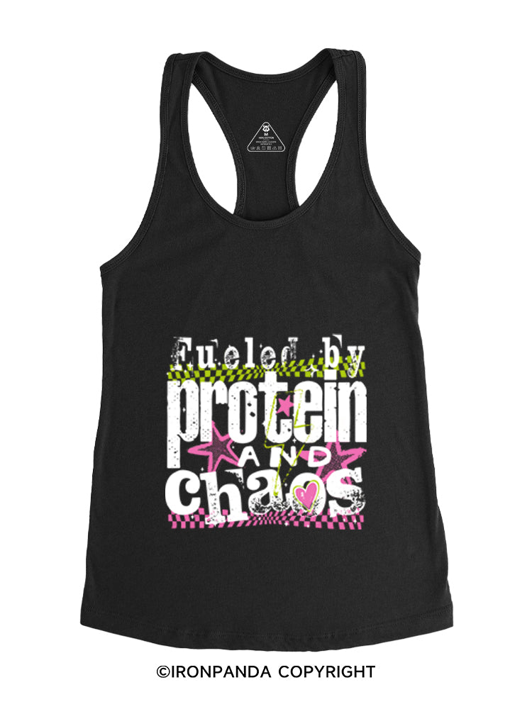 FUELED BY PROTEIN AND CHAOS Gym Racerback Tank