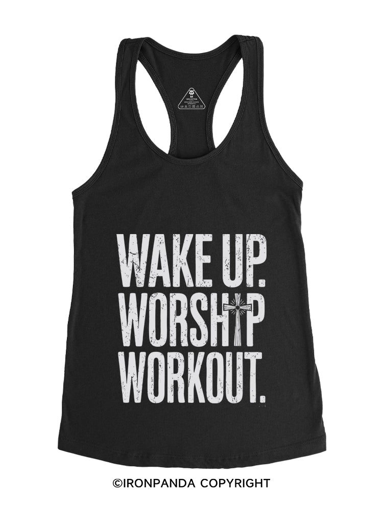 WAKE UP WORSHIP WORKOUT JESUS Gym Racerback Tank