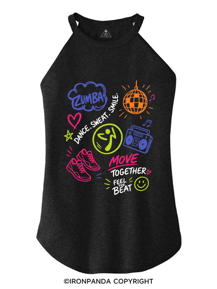 DANCE, SWEAT. SMILE. MOVE TOGETHER FEEL THE BEAT ZUMBA ROCKER COTTON TANK