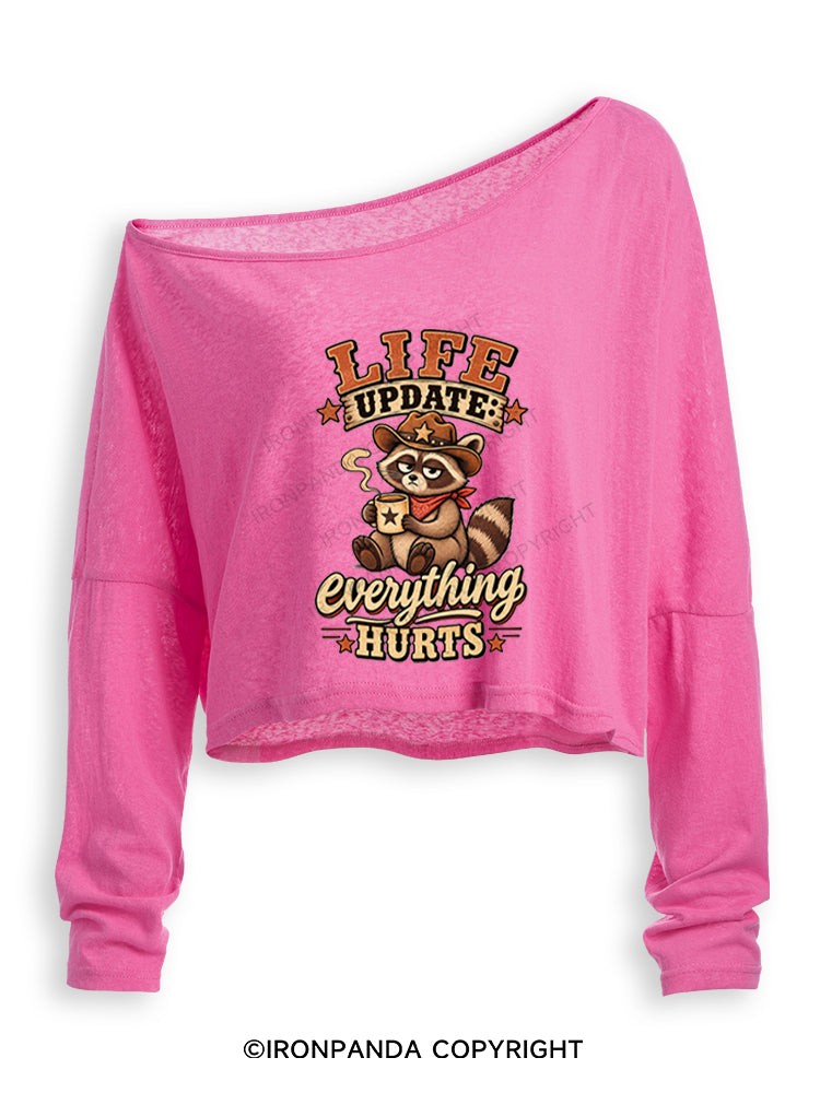 Everything Hurts Funny Raccoon Cowboy Off Shoulder Long Sleeve Crop Top