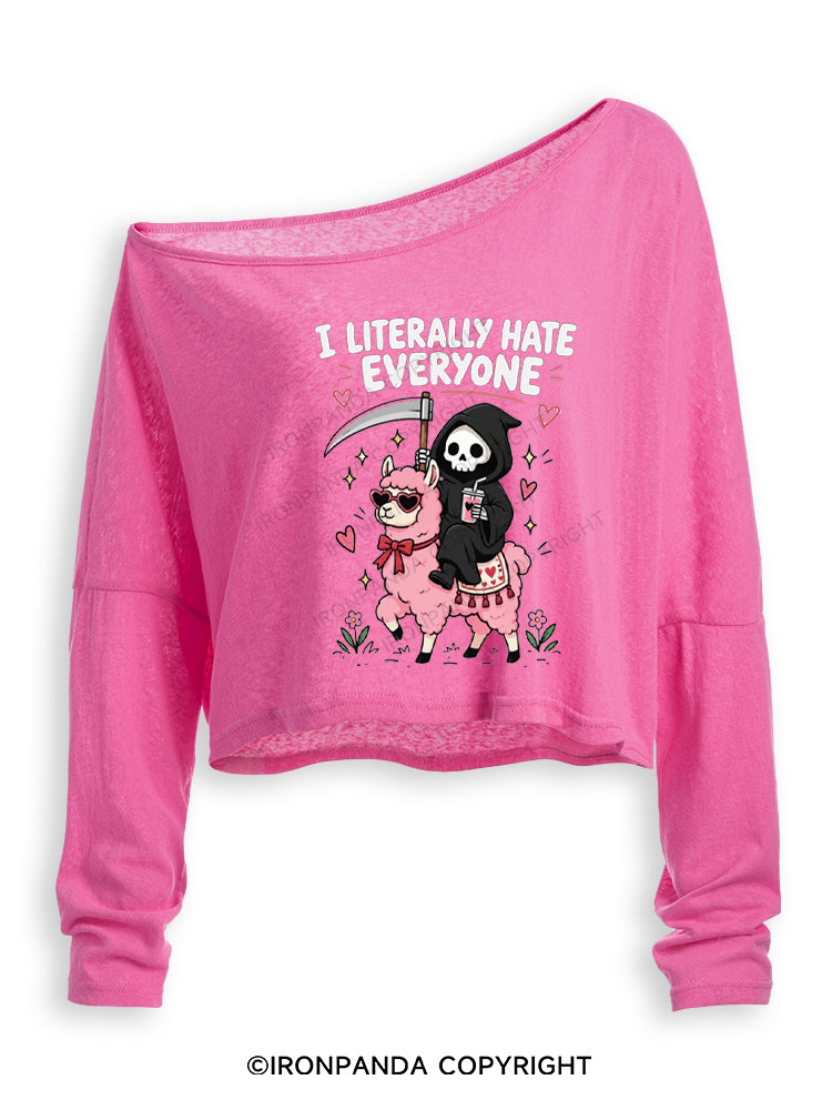 I LITERALLY HATE EVERYONE Grim Reaper Llama Halloween Off Shoulder Long Sleeve Crop Top