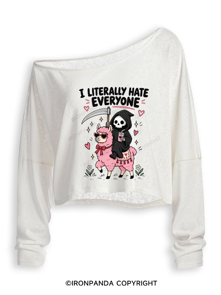 I LITERALLY HATE EVERYONE Grim Reaper Llama Halloween Off Shoulder Long Sleeve Crop Top