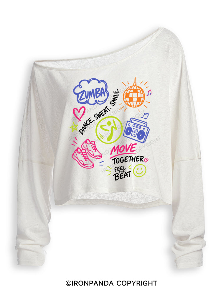 DANCE, SWEAT. SMILE. MOVE TOGETHER FEEL THE BEAT ZUMBA Off Shoulder Long Sleeve Crop Top