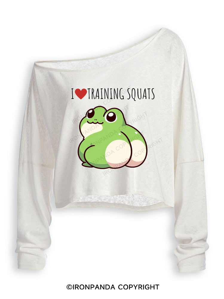 I ❤ TRAINING SQUATS FROG Off Shoulder Long Sleeve Crop Top