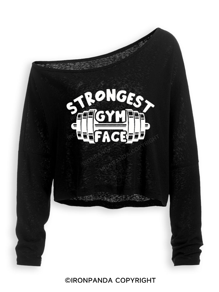 STRONGEST GYM FACE Off Shoulder Long Sleeve Crop Top