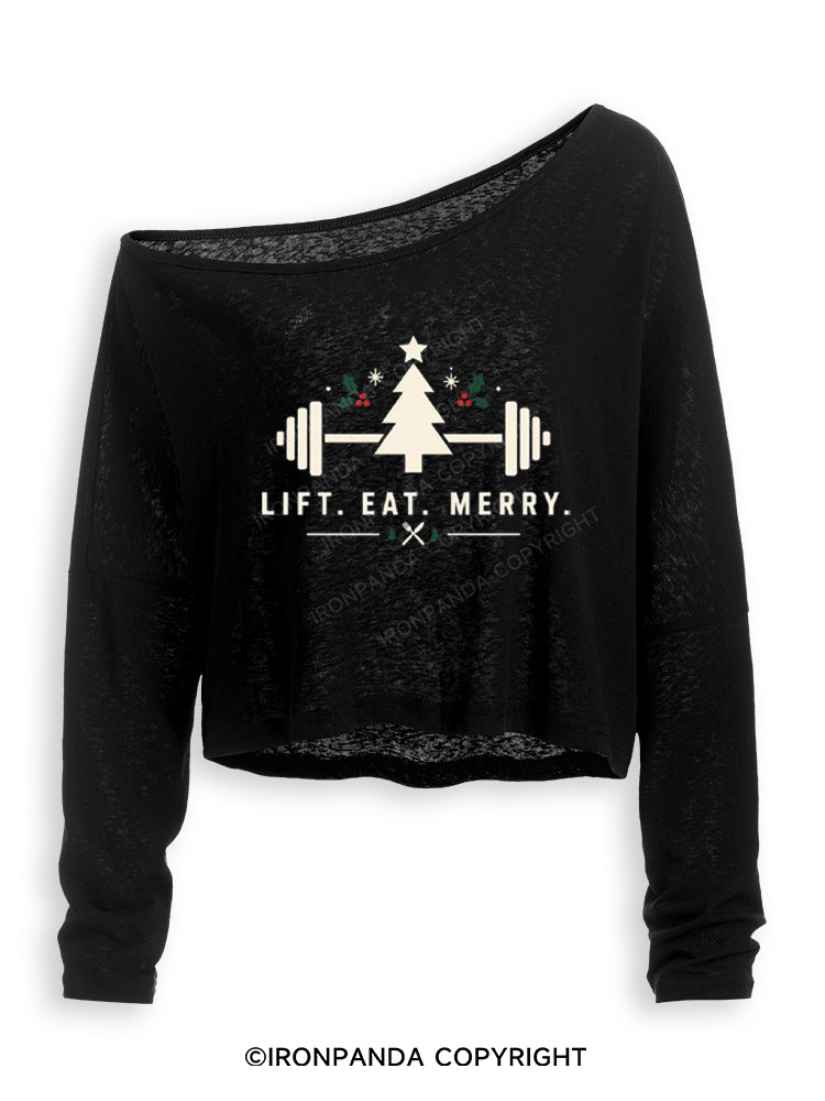 LIFT. EAT. MERRY Off Shoulder Long Sleeve Crop Top
