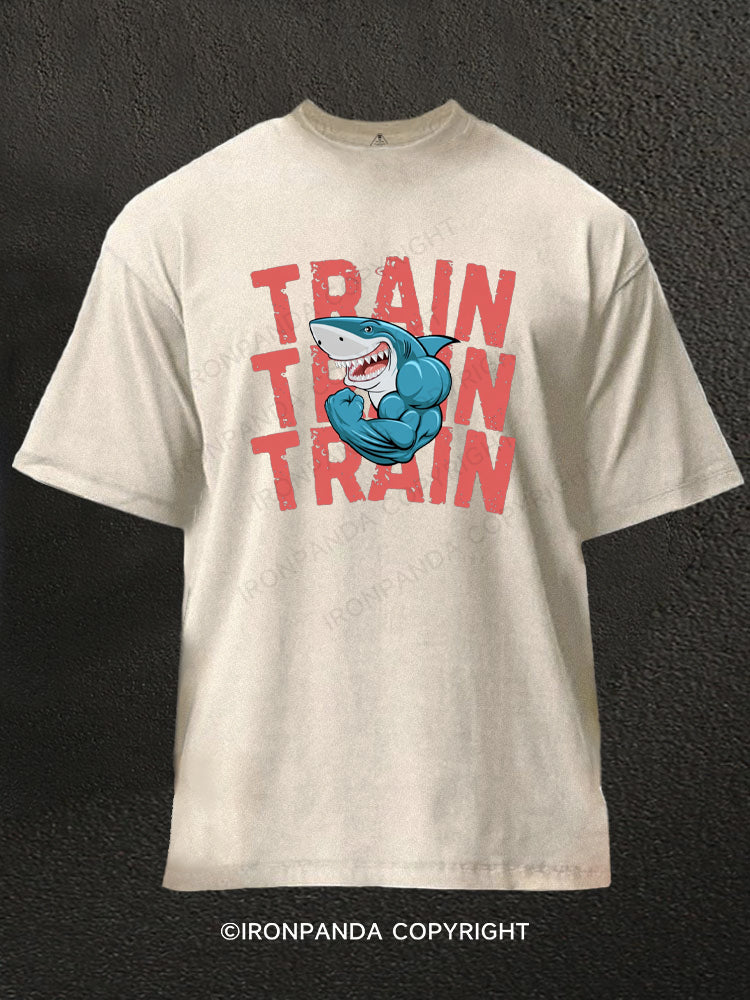 Funny Train Shark Washed Gym Shirt