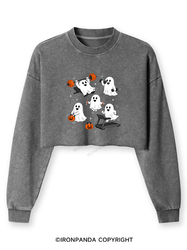 GHOST HALLOWEEN WORKOUT FITNESS Washed Long-Sleeve Crop Top