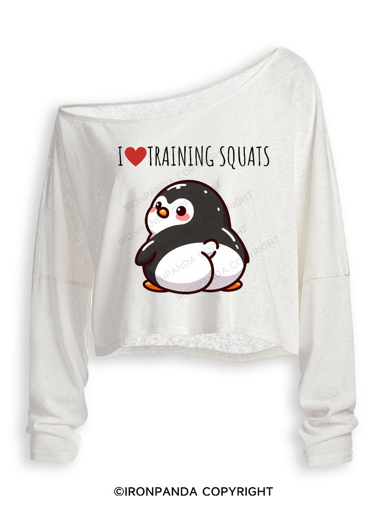I ❤ TRAINING SQUATS PENGUIN Off Shoulder Long Sleeve Crop Top