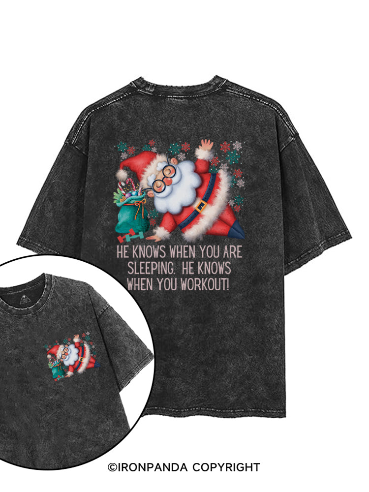 Funny Christmas Santa Knows When You Workout printed Gym Shirt
