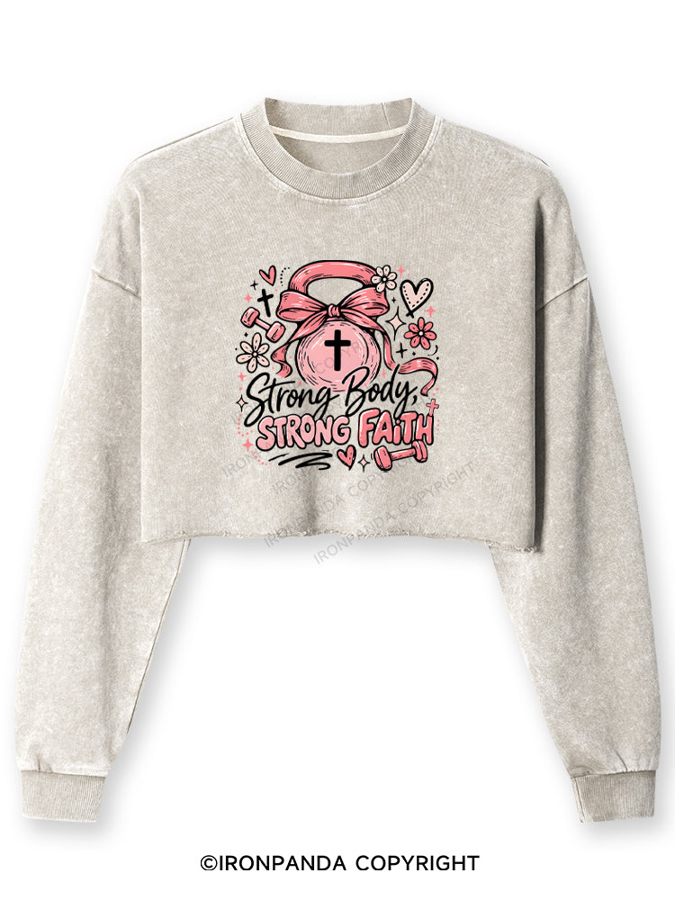 STRONG BODY, STRONG FAITH JESUS Washed Long-Sleeve Crop Top