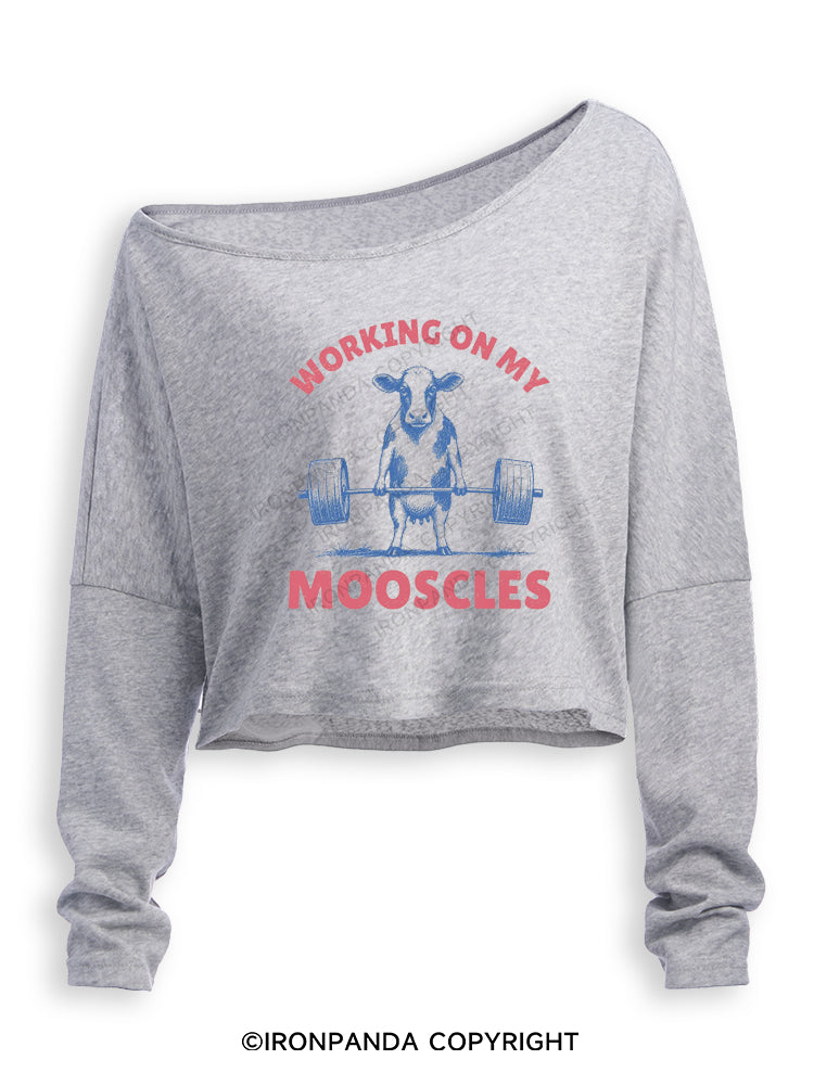 Working On My Mooscles Cow Funny Weightlifting Off Shoulder Long Sleeve Crop Top