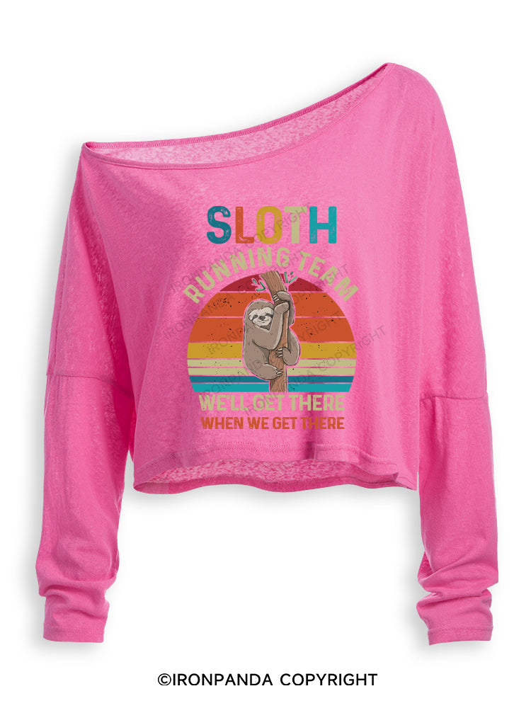 SLOTH RUNNING TEAM Off Shoulder Long Sleeve Crop Top