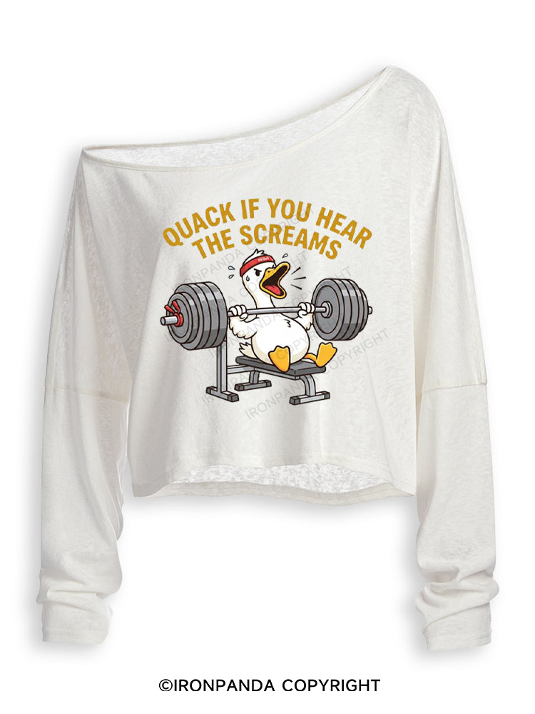QUACK IF YOU HEAR THE SCREAMS Off Shoulder Long Sleeve Crop Top